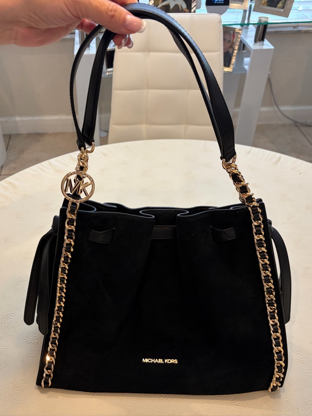 Michael Kors Mina Large Suede Chain Shoulder Bag NWT RARE BLACK SUEDE